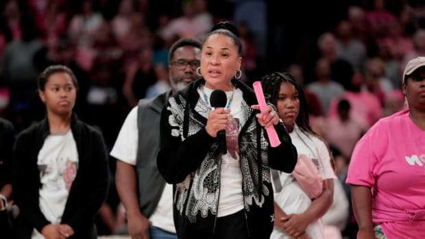 Head Coach Dawn Staley Speaking To The Crowd In Rememberance of  Nikki McCray-Penson